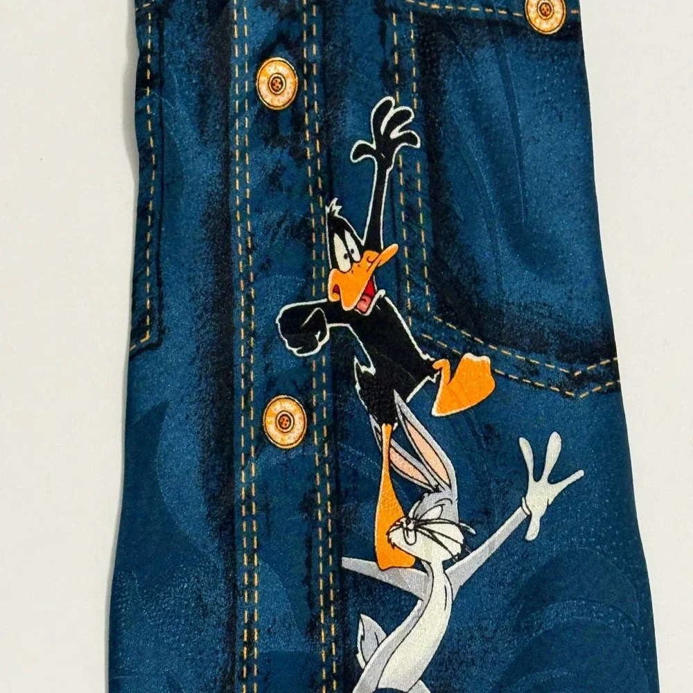 1997 Looney Tunes Denim Shirt Illusion Tie Bugs Bunny Sylvester Taz Daffy Silk